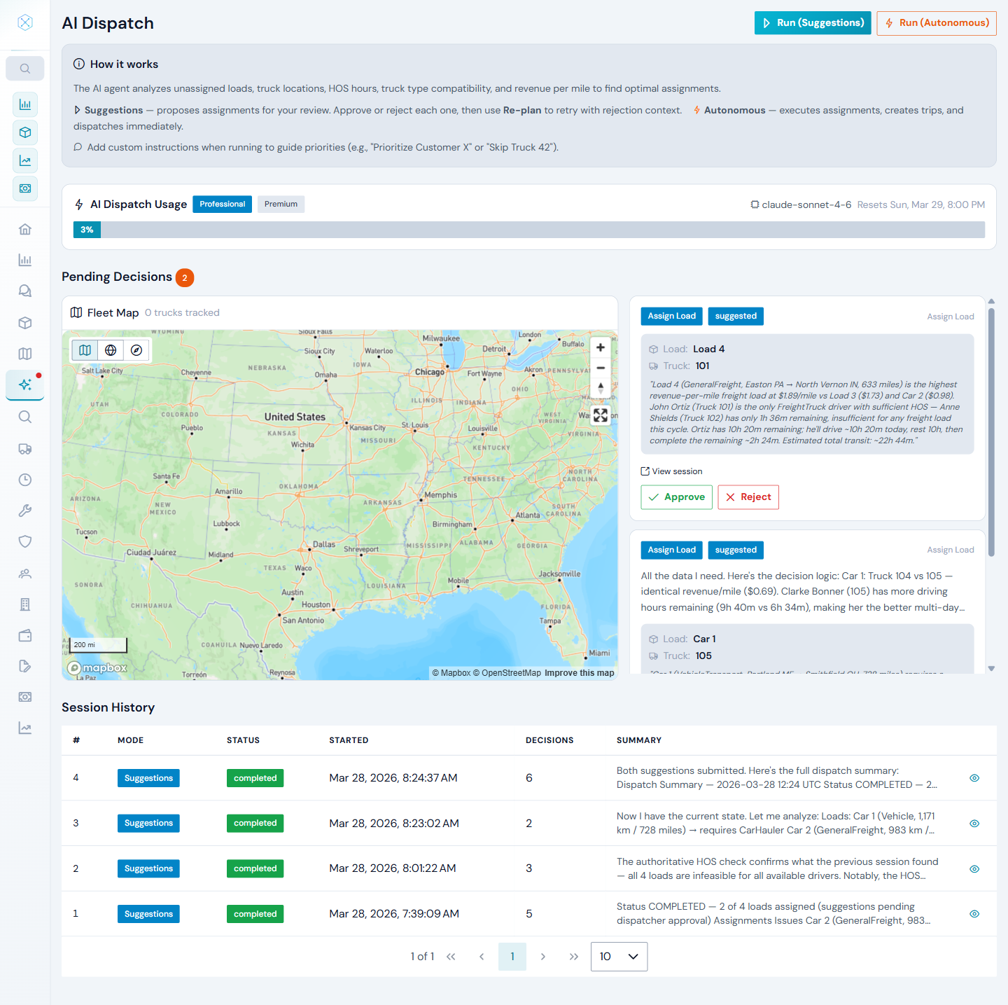 AI Dispatch dashboard with fleet map, pending decisions, and session history
