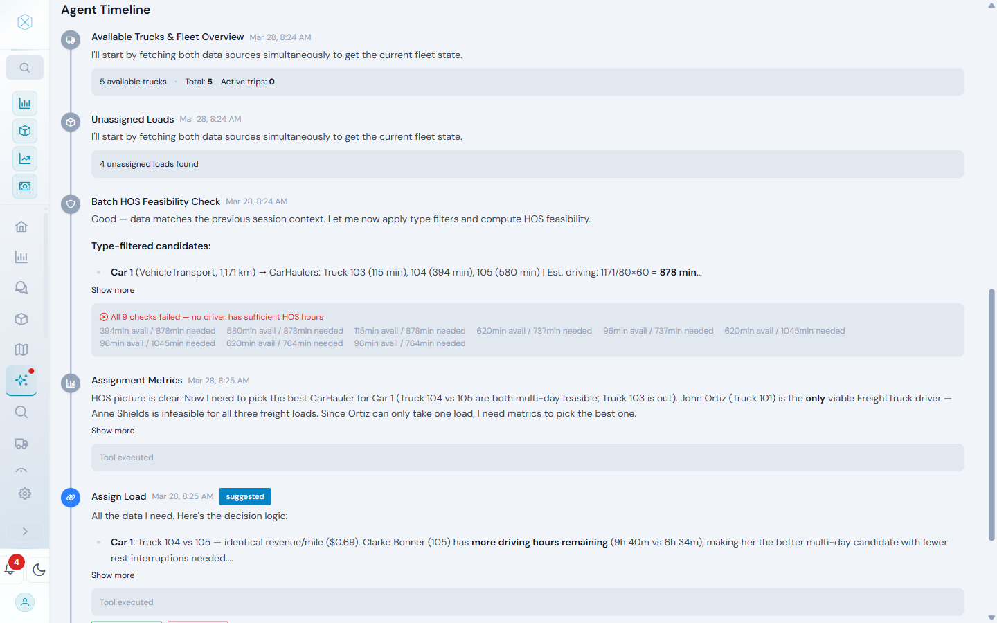 AI Dispatch agent timeline showing tool calls, HOS checks, reasoning, and decisions